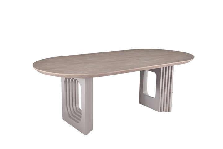 Aldrion Oval Dining Table – Travertine Finish with Dual Pedestal Base