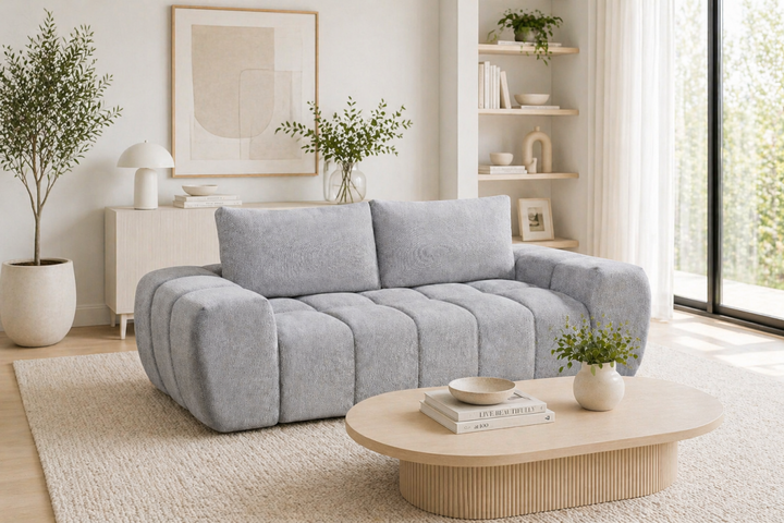 Valdoro Light Grey Modern Fabric Sofa with Channel-Tufted Design & Deep Cushioned Seating