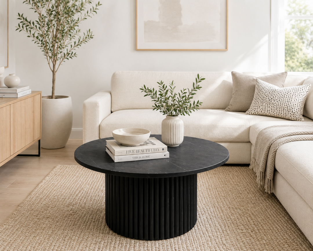 Milan Luxe Marble Coffee Table with Fluted Mango Wood Base, Round Tapered Stone Top & Modern Luxury Design for Elegant Living Spaces