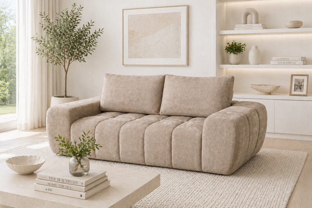 Valdoro Taupe Modern Fabric Sofa with Channel-Tufted Design, Pocket Coil Support & Deep Cushioned Seating