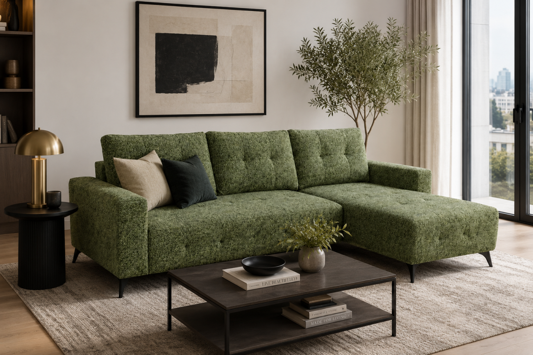 Foxridge Olive Green Sectional Sleeper Sofa Bed with Pull-Out Bed, Chaise Lounge and Tufted Fabric Upholstery