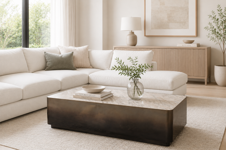 Verona Elite Luxury Marble Coffee Table with Gold Metal Frame & White Grey Veined Top for Modern Elegant Living Rooms