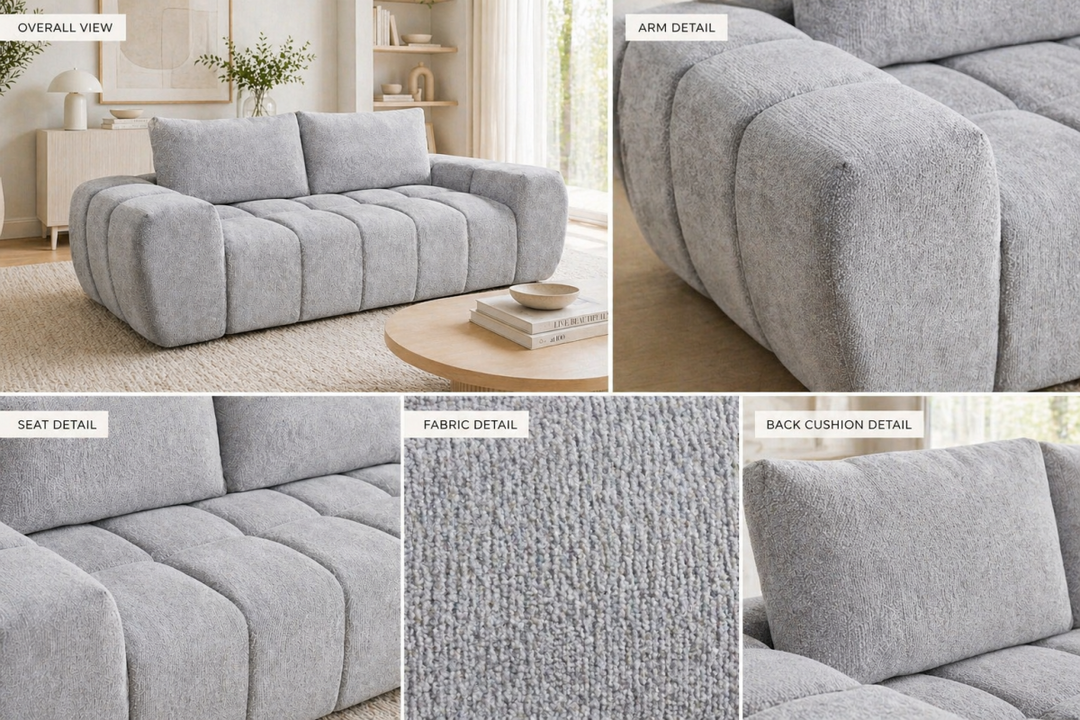 Valdoro Light Grey Modern Fabric Sofa with Channel-Tufted Design & Deep Cushioned Seating