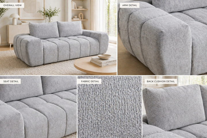 Valdoro Light Grey Modern Fabric Sofa with Channel-Tufted Design & Deep Cushioned Seating