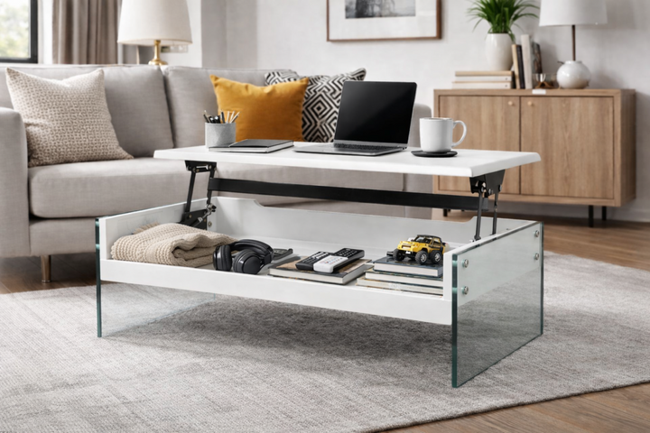 Élysian Lift-Top Coffee Table with Tempered Glass Frame, Hidden Storage & Modern Contemporary Design for Living Rooms