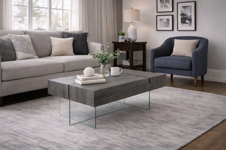 Casa Royale Modern Coffee Table with Tempered Glass Frame, Wood-Look Top & Built-In Storage Compartments for Contemporary Living Rooms