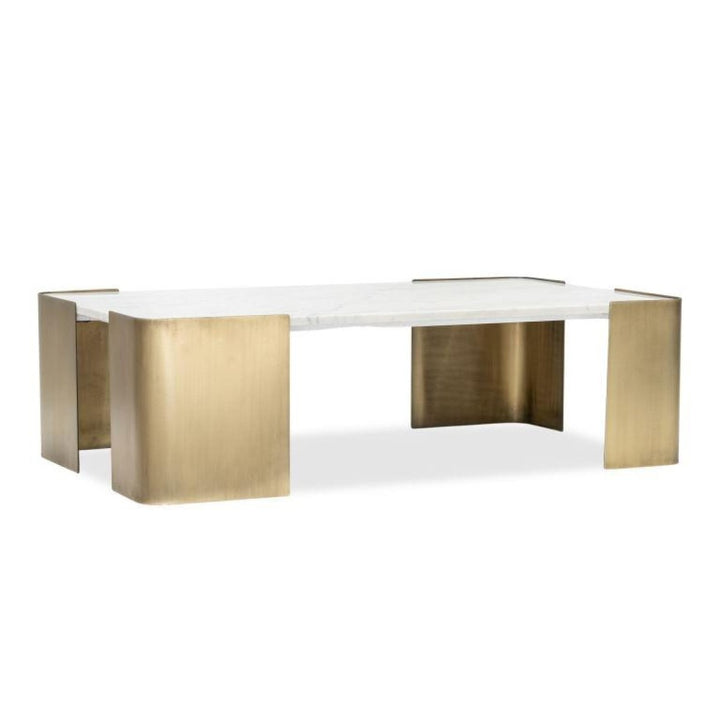 Regalia Luxury Marble Coffee Table with Tapered Stone Top & Gold Finished Metal Legs for Modern Elegant Living Rooms