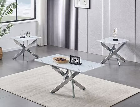 Xelvaro 3 Piece Coffee Table Set – Modern White Marble Glass Coffee Table with Stainless Steel Legs