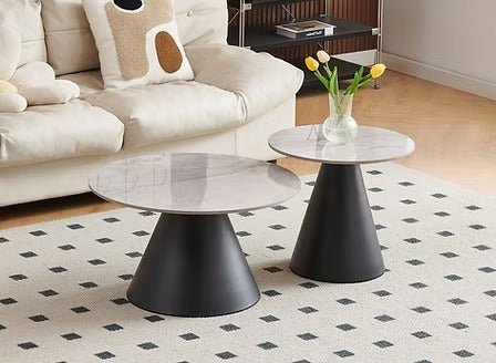 Veltrix 2 Piece Coffee Table Set – Modern Armani Grey Sintered Stone Marble Top with Black Steel Pedestal Base