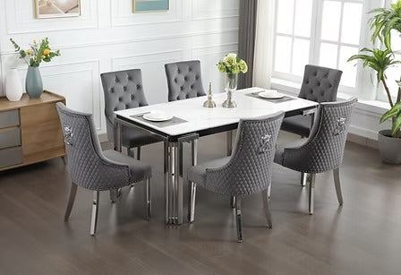 Armelia 7-Piece Dining Set – Ceramic Marble Table with Grey Velvet Lion Knocker Chairs