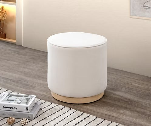 Quorvian Modern Round Ottoman – High Density Foam Accent Ottoman with White Wash Wood Base