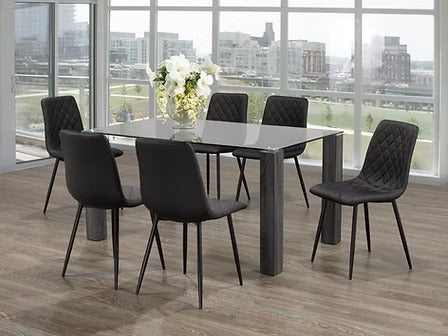 Sylvona 7-Piece Dinette Set – Tempered Clear Glass Table with Grey Wooden Legs & Black PU Chairs