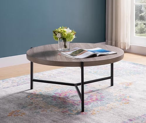Novarix Modern Round Coffee Table – Contemporary Warm Grey Wood-Look Top with Black Metal Open Frame Base