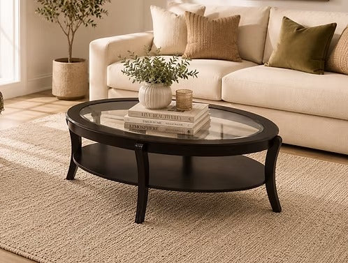 Praevor Oval Coffee Table – Modern Espresso Finish Coffee Table with Glass Insert and Open Shelf