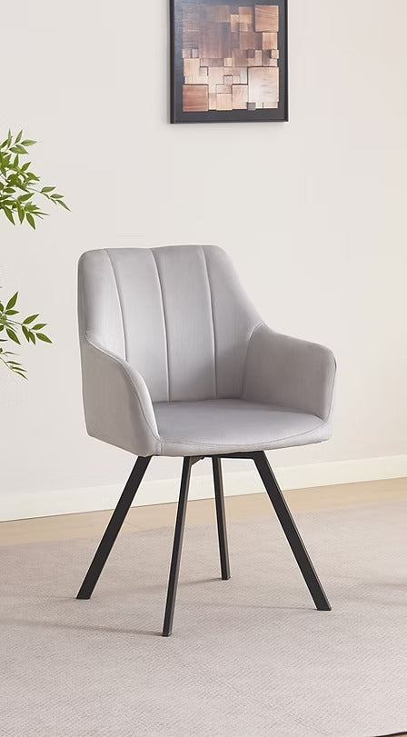 Norviano 2-Piece Modern Swivel Accent Chair Set in Light Grey Velvet with Vertical Stitching, Integrated Armrests, Black Metal Legs and 360° Swivel Base