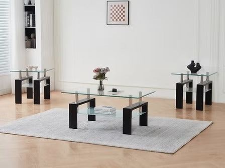 Qelviro 3 Piece Coffee Table Set – Modern Contemporary Clear Tempered Glass Coffee Table with Frosted Shelf and Glossy Black Legs