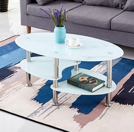 Jorvex Coffee Table – White Marble Glass Coffee Table with Chrome Legs