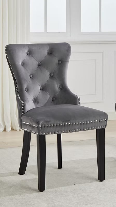 Marvexio 2-Piece Dining Chairs – Soft-Touch Grey Velvet Button Tufted Design with Nailhead Details & Dark Espresso Wooden Legs for Luxury Dining Spaces