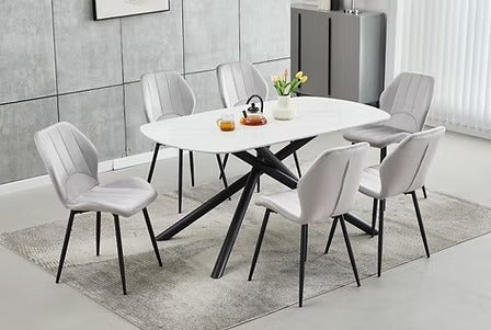 Novexa 7-Piece Dinette Set – Sintered Stone White Marble Table with Black Steel Legs & Light Grey Velvet Chairs