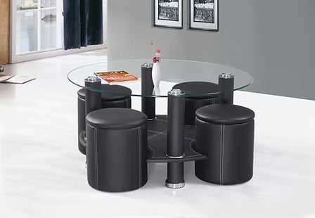 Ovrento Coffee Table Set with 4 Stools – Black Tempered Glass Coffee Table with Contrast Stitching Details