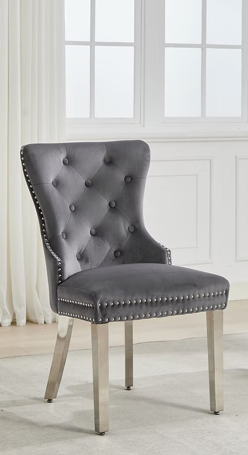 Sylvano 2-Piece Dining Chairs – Soft-Touch Grey Velvet Button Tufted Design with Nailhead Details & Polished Chrome Legs for Modern Luxury Dining Spaces
