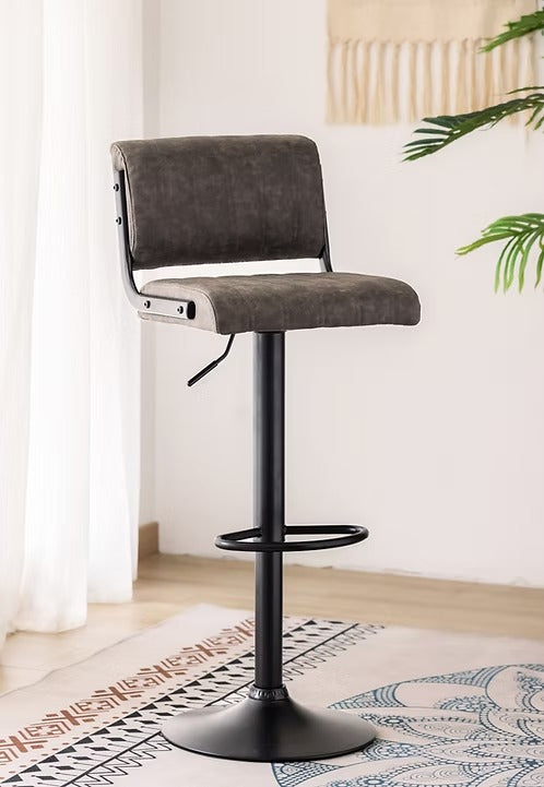 Iverion 2-Piece Bar Stool Set – Modern Grey PU Swivel Stools with Vertical Stitching, Adjustable Height Gas Lift & Black Metal Frame for Kitchen Island & Counter Seating