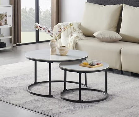 Alvireo Set of 2 Coffee Tables – Modern Sintered Stone Snowy White Marble Top with Black Steel Base