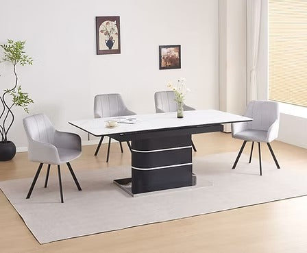 Tervano 7-Piece Dinette Set – Snowy White Marble Extension Table with Grey Velvet Swivel Chairs