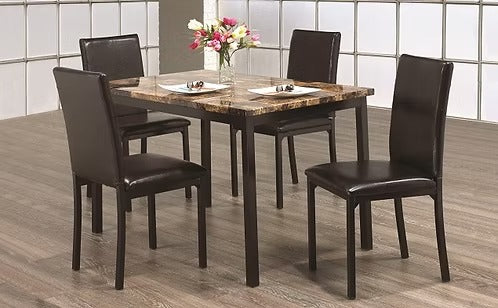 Orvexa 5-Piece Dinette Set – Light Brown Marble Table with Black Metal Legs & Upholstered Chairs