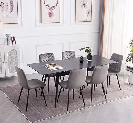 Calvona 7-Piece Dinette Set – Sintered Stone Black Marble Extension Table with Black Steel Legs & Soft Grey Velvet Chairs
