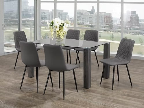 Sylvona 7-Piece Dinette Set – Tempered Clear Glass Table with Grey Wooden Legs & Chrome Accents and Grey PU Chairs