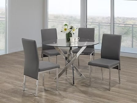Valtino 5-Piece Dinette Set – Tempered Clear Glass Table with Chrome Legs & Grey PU Chairs