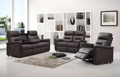 Elarvion 3-Piece Power Recliner Set with Espresso Genuine Leather/Match, USB Ports &amp; Drop-Down Tray with Cup Holders