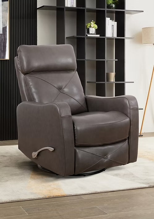 Wervano Recliner Chair with Side-Mounted Steel Pull Handle, Swivel &amp; Glider Mechanism, Zero Wallhugger Design in Soft Charcoal Leather Match
