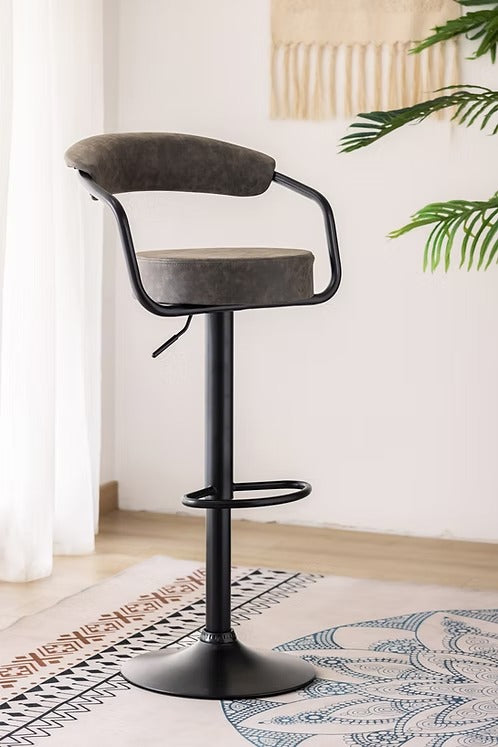 Grevano 2-Piece Bar Stool Set – Modern Grey PU Swivel Stools with Curved Ergonomic Backrest, Adjustable Height Gas Lift & Black Metal Frame