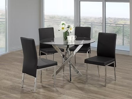 Valtino 5-Piece Dinette Set – Tempered Clear Glass Table with Chrome Legs & Black PU Chairs