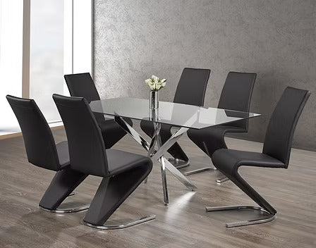 Norvexa 7-Piece Dinette Set – Tempered Clear Glass Table with Chrome Legs & Z-Shaped Black PU Chairs