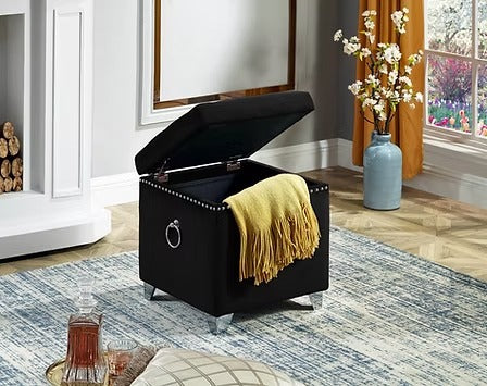 Zyrelvo Velvet Storage Ottoman – Black Deep Tufted Ottoman with Chrome Ring, Nailhead Detail and Chrome Legs