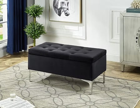Elvirox Velvet Storage Bench – Black Deep Tufted Bench with Chrome Legs and Lift Top Storage