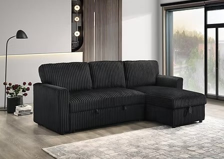 Lumivara Luxe Sofa Bed Sectional with Reversible Chaise, Lift-Up Storage & Soft-Touch Black Fur Corduroy