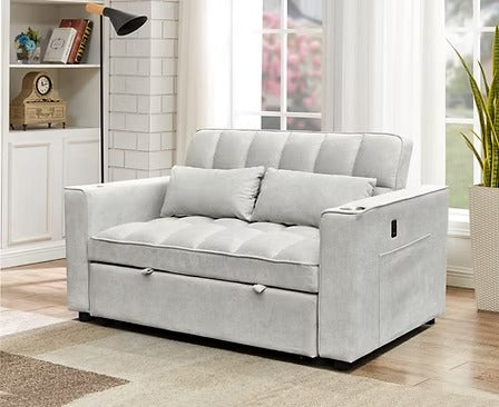 Arquelio Convertible Sofa Bed Sectional – Adjustable Backrest Sleeper Sofa with USB Charging Station, Cup Holders, Side Storage Pocket and Silver Grey Fabric Upholstery