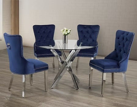 Walvera 5-Piece Dinette Set – Tempered Clear Glass Table with Chrome Legs & Blue Velvet Knocker Chairs