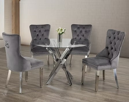 Walvera 5-Piece Dinette Set – Tempered Clear Glass Table with Chrome Legs & Grey Velvet Knocker Chairs