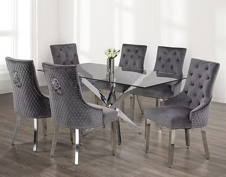 Zorvexo 7-Piece Dinette Set – Tempered Clear Glass Table with Chrome Legs & Grey Velvet Lion Knocker Chairs