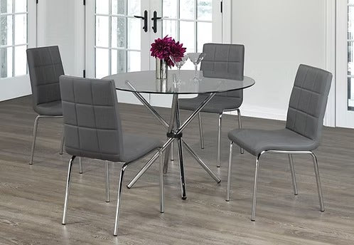 Vantira 5-Piece Dinette Set – Tempered Glass Table with Chrome Legs & Grey Cushion Chairs