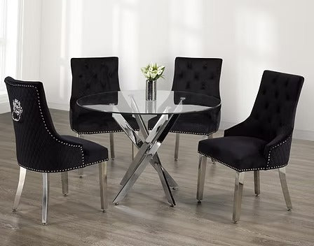 Rovenza 5-Piece Dinette Set – Tempered Clear Glass Table with Chrome Legs & Black Velvet Lion Knocker Chairs