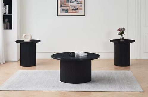 Vantrex 3 Piece Coffee Table Set – Contemporary Round Coffee Table with Fluted Pedestal Base and Black Wood Finish