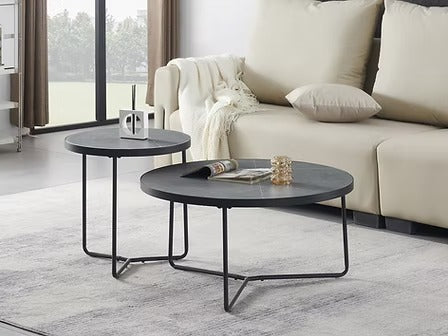 Virexon Set of 2 Coffee Tables – Modern Sintered Stone Armani Grey Marble Top with Black Steel Base