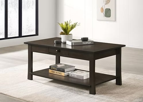 Solvexo Coffee Table – Modern Espresso Wood Coffee Table with Pull-Out Storage Drawer and Open Storage Shelf