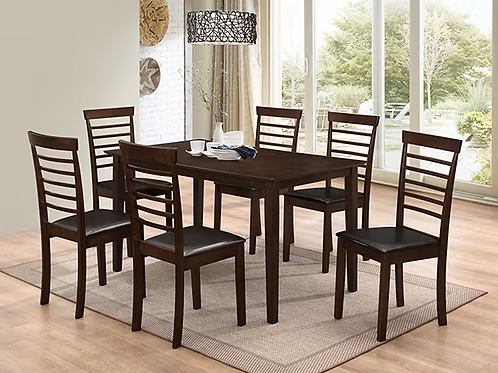 Walvera 7-Piece Dinette Set – Espresso Dining Table with Black Cushion Chairs